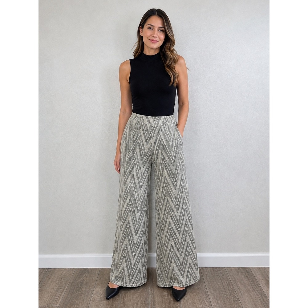 Michaela by Miekael B Wide Leg Pants Gray Chevron Pull On Boho No Size